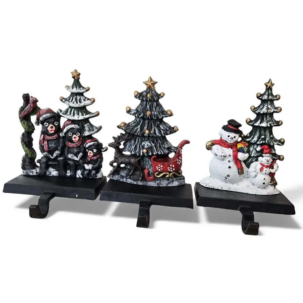 Set 3 Lulu Decor Black Cast Iron Christmas Stocking Holders 2019 Bear Trees Deer